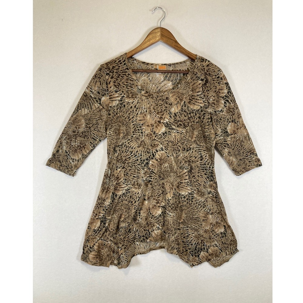 Boho‎ Tianello Women Small Brown Abstract Floral Sharkbite Hem 3/4 Sleeve Blouse